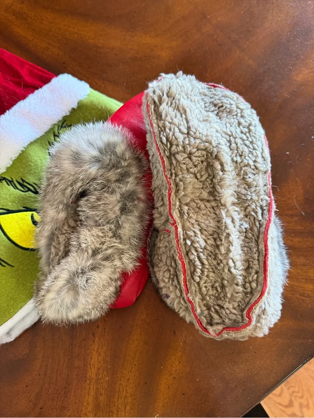 Red Faux Fur-Lined Slippers with Grinch Santa Hat and Scary Face Mask